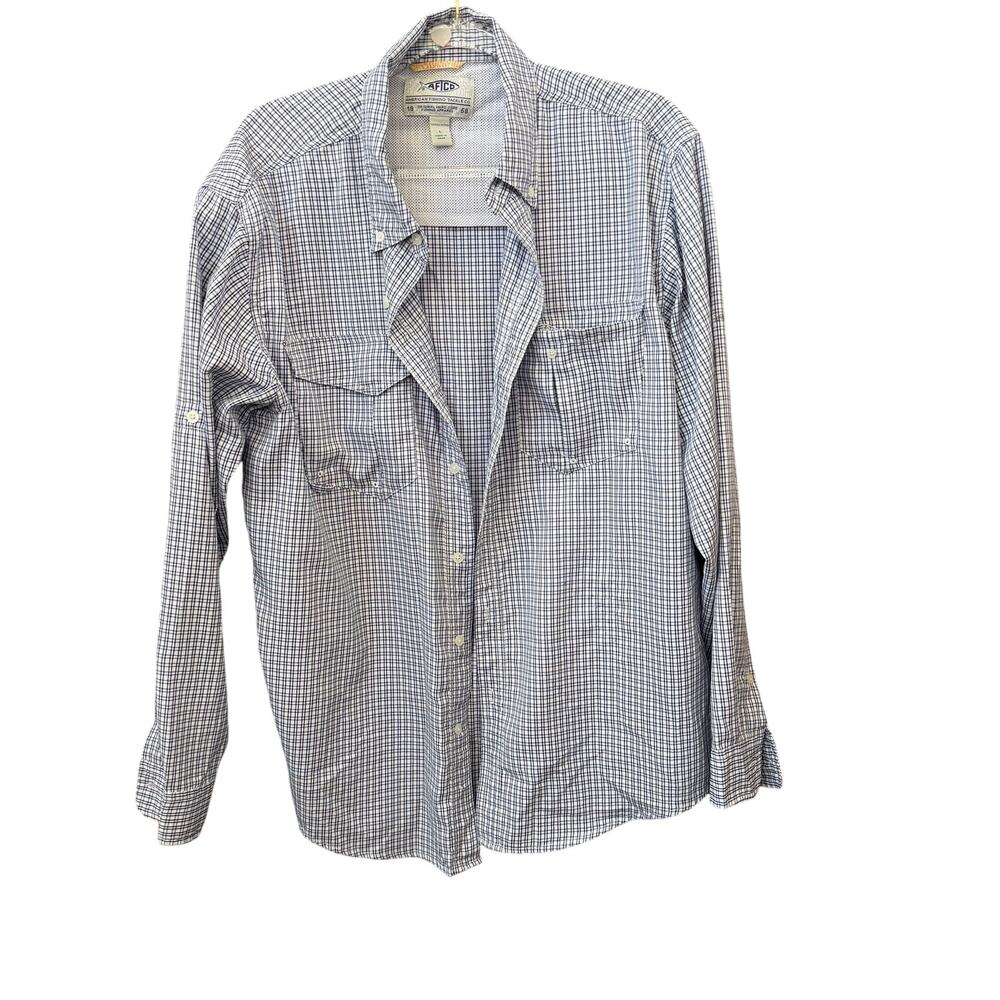 Aftco Aftech Mens Large Blue Check Performance Tech Fishing Roll Tab Lightweight